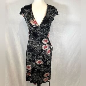 Vintage Avalanche black floral true wrap midi dress size 3